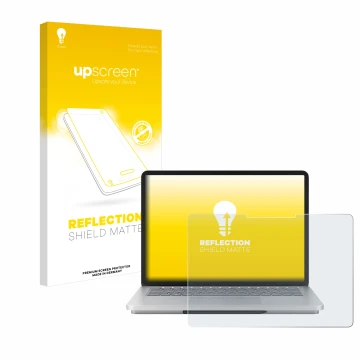 Parte frontal de un envase de producto con el logotipo de la marca upscreen. Al lado se muestra el dispositivo Microsoft Surfa