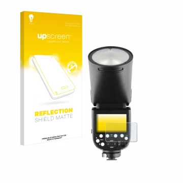 Parte frontal de un envase de producto con el logotipo de la marca upscreen. Al lado se muestra el dispositivo Godox V1 con su