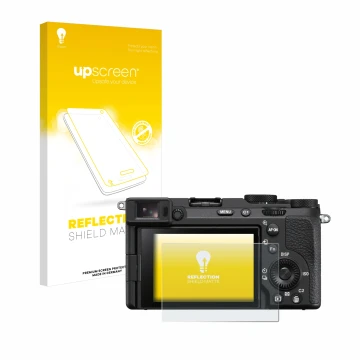 Parte frontal de un envase de producto con el logotipo de la marca upscreen. Al lado se muestra el dispositivo Sony Alpha 7CR 