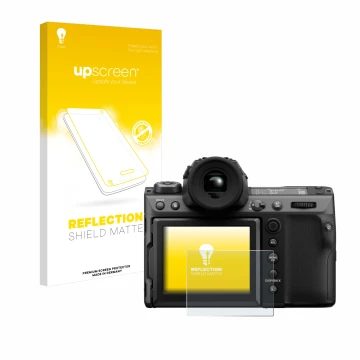 Parte frontal de un envase de producto con el logotipo de la marca upscreen. Al lado se muestra el dispositivo Fujifilm GFX100