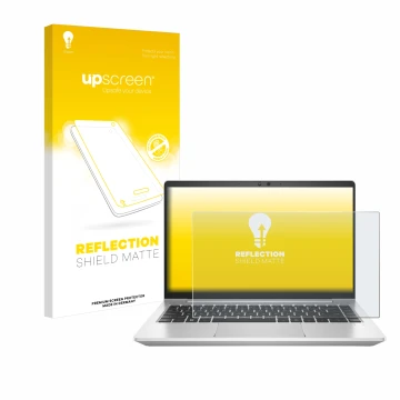 Parte frontal de un envase de producto con el logotipo de la marca upscreen. Al lado se muestra el dispositivo HP EliteBook 64