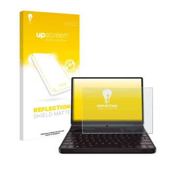 Parte frontal de un envase de producto con el logotipo de la marca upscreen. Al lado se muestra el dispositivo GPD Win Max 2 2