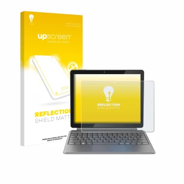 Parte frontal de un envase de producto con el logotipo de la marca upscreen. Al lado se muestra el dispositivo Alldocube iWork