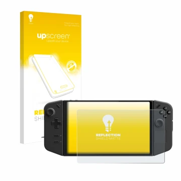 Parte frontal de un envase de producto con el logotipo de la marca upscreen. Al lado se muestra el dispositivo Lenovo Legion G