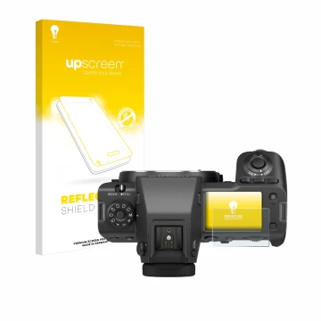 Parte frontal de un envase de producto con el logotipo de la marca upscreen. Al lado se muestra el dispositivo Fujifilm GFX100