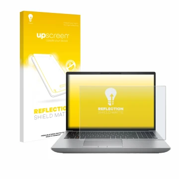 Parte frontal de un envase de producto con el logotipo de la marca upscreen. Al lado se muestra el dispositivo HP ZBook Fury 1