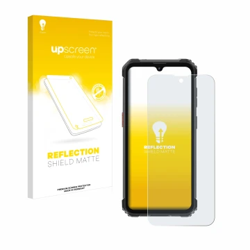Parte frontal de un envase de producto con el logotipo de la marca upscreen. Al lado se muestra el dispositivo Blackview BV530