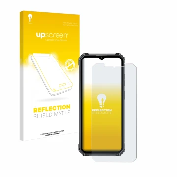 Parte frontal de un envase de producto con el logotipo de la marca upscreen. Al lado se muestra el dispositivo Oukitel WP28 co
