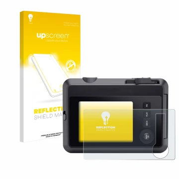 Parte frontal de un envase de producto con el logotipo de la marca upscreen. Al lado se muestra el dispositivo Leica SOFORT 2 