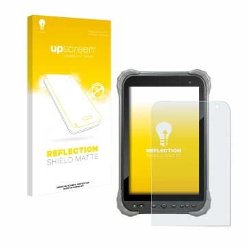 Parte frontal de un envase de producto con el logotipo de la marca upscreen. Al lado se muestra el dispositivo Juniper Systems