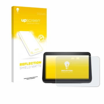 Parte frontal de un envase de producto con el logotipo de la marca upscreen. Al lado se muestra el dispositivo Amazon Echo Sho