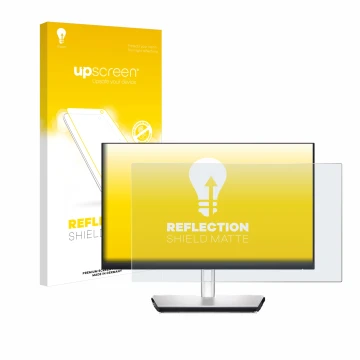 Parte frontal de un envase de producto con el logotipo de la marca upscreen. Al lado se muestra el dispositivo Dell P2424HT co