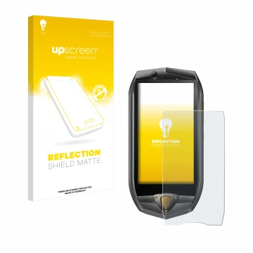 Parte frontal de un envase de producto con el logotipo de la marca upscreen. Al lado se muestra el dispositivo Oukitel K16 con