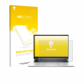 Parte frontal de un envase de producto con el logotipo de la marca upscreen. Al lado se muestra el dispositivo HP EliteBook 84