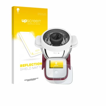 Parte frontal de un envase de producto con el logotipo de la marca upscreen. Al lado se muestra el dispositivo Moulinex i-Comp