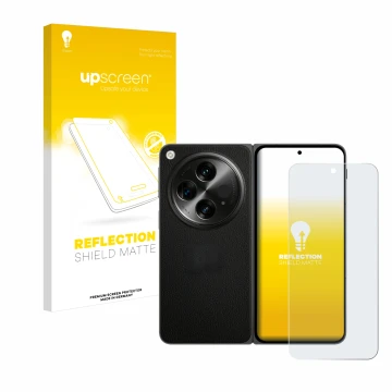 Parte frontal de un envase de producto con el logotipo de la marca upscreen. Al lado se muestra el dispositivo OnePlus Open co