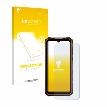 Parte frontal de un envase de producto con el logotipo de la marca upscreen. Al lado se muestra el dispositivo Hotwav Cyber 13