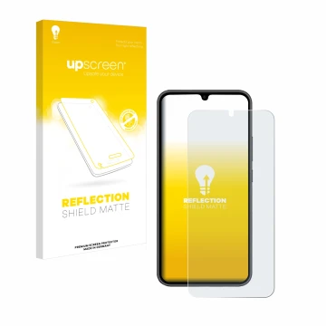 Parte frontal de un envase de producto con el logotipo de la marca upscreen. Al lado se muestra el dispositivo Samsung Galaxy 