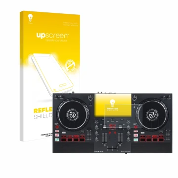 Parte frontal de un envase de producto con el logotipo de la marca upscreen. Al lado se muestra el dispositivo Numark Mixstrea