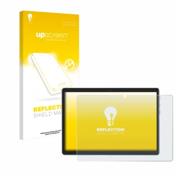 Parte frontal de un envase de producto con el logotipo de la marca upscreen. Al lado se muestra el dispositivo Facetel Q6 con 