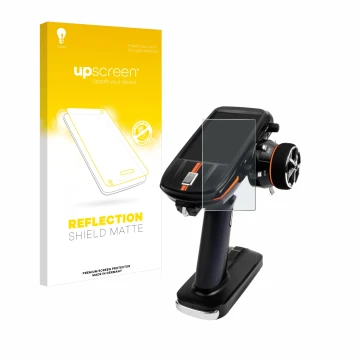 Parte frontal de un envase de producto con el logotipo de la marca upscreen. Al lado se muestra el dispositivo RadioLink RC8X 