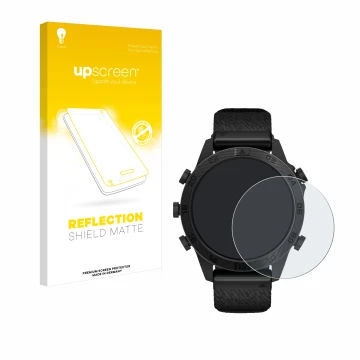 Parte frontal de un envase de producto con el logotipo de la marca upscreen. Al lado se muestra el dispositivo Garmin Marq Com