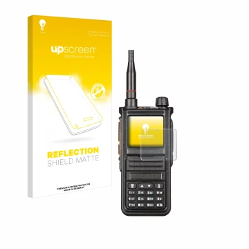 Parte frontal de un envase de producto con el logotipo de la marca upscreen. Al lado se muestra el dispositivo Radtel RT-470X 
