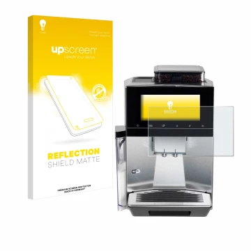 Parte frontal de un envase de producto con el logotipo de la marca upscreen. Al lado se muestra el dispositivo Siemens EQ900 T