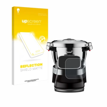 Parte frontal de un envase de producto con el logotipo de la marca upscreen. Al lado se muestra el dispositivo WMF Avantgarde 