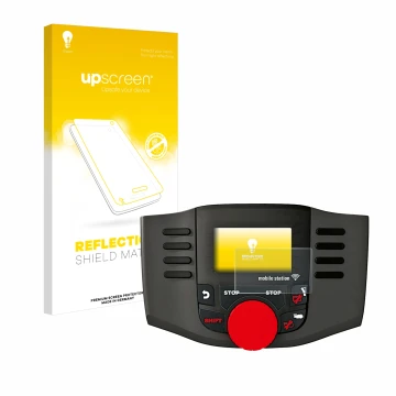 Parte frontal de un envase de producto con el logotipo de la marca upscreen. Al lado se muestra el dispositivo Märklin Mobile 