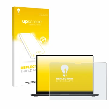 Parte frontal de un envase de producto con el logotipo de la marca upscreen. Al lado se muestra el dispositivo Apple MacBook P