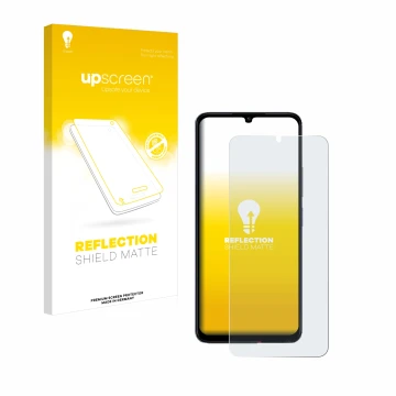 Parte frontal de un envase de producto con el logotipo de la marca upscreen. Al lado se muestra el dispositivo Xiaomi Poco C65