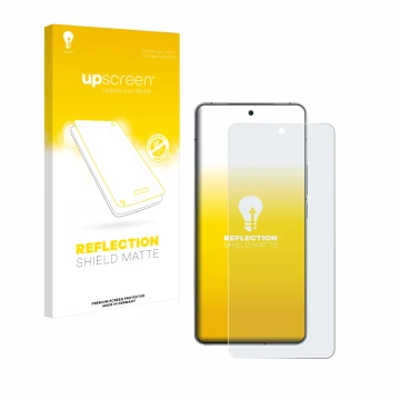 Parte frontal de un envase de producto con el logotipo de la marca upscreen. Al lado se muestra el dispositivo Vivo iQOO 12 co