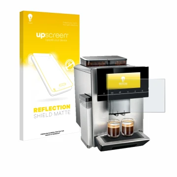 Parte frontal de un envase de producto con el logotipo de la marca upscreen. Al lado se muestra el dispositivo Siemens EQ900 T