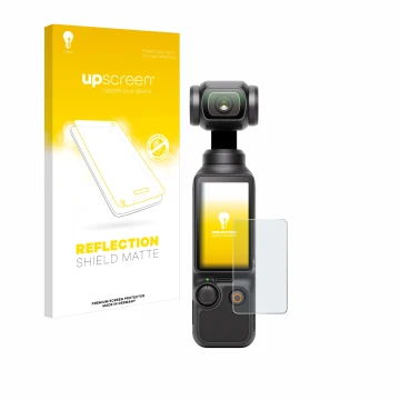 Parte frontal de un envase de producto con el logotipo de la marca upscreen. Al lado se muestra el dispositivo DJI Osmo Pocket