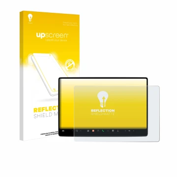 Parte frontal de un envase de producto con el logotipo de la marca upscreen. Al lado se muestra el dispositivo Tesla Model 3 2