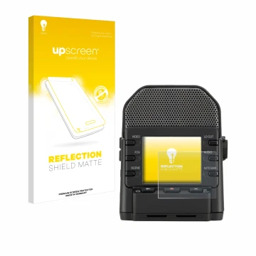 Parte frontal de un envase de producto con el logotipo de la marca upscreen. Al lado se muestra el dispositivo Zoom Q2n-4K con