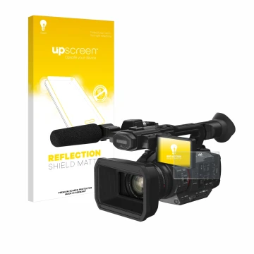 Parte frontal de un envase de producto con el logotipo de la marca upscreen. Al lado se muestra el dispositivo Panasonic HC-X2