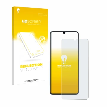 Parte frontal de un envase de producto con el logotipo de la marca upscreen. Al lado se muestra el dispositivo ZTE Blade V50 V