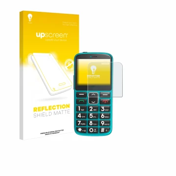 Parte frontal de un envase de producto con el logotipo de la marca upscreen. Al lado se muestra el dispositivo Uleway Senioren