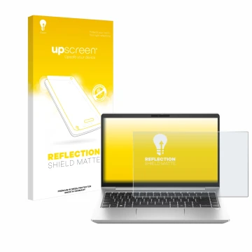 Parte frontal de un envase de producto con el logotipo de la marca upscreen. Al lado se muestra el dispositivo HP ProBook 445 