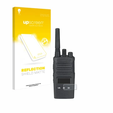 Parte frontal de un envase de producto con el logotipo de la marca upscreen. Al lado se muestra el dispositivo Motorola XT460 