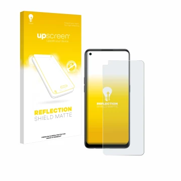 Parte frontal de un envase de producto con el logotipo de la marca upscreen. Al lado se muestra el dispositivo Oppo Reno 8T co