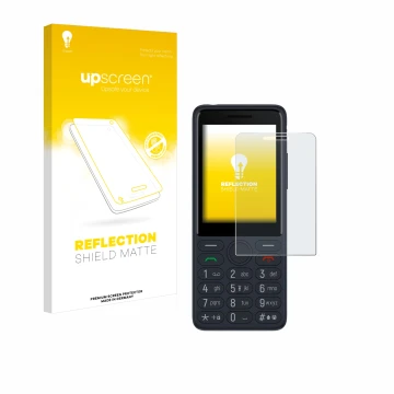 Parte frontal de un envase de producto con el logotipo de la marca upscreen. Al lado se muestra el dispositivo TCL Onetouch 40