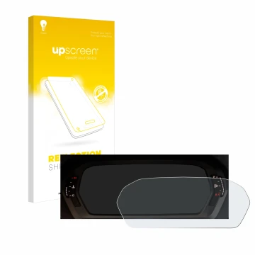 Parte frontal de un envase de producto con el logotipo de la marca upscreen. Al lado se muestra el dispositivo Audi A3 2023 Vi