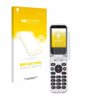 Parte frontal de un envase de producto con el logotipo de la marca upscreen. Al lado se muestra el dispositivo Doro 6820 con s