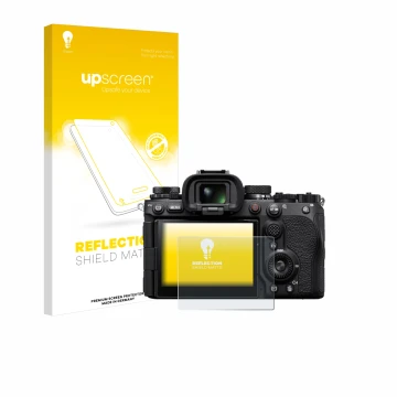 Parte frontal de un envase de producto con el logotipo de la marca upscreen. Al lado se muestra el dispositivo Sony Alpha 9 II