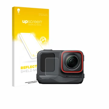 Parte frontal de un envase de producto con el logotipo de la marca upscreen. Al lado se muestra el dispositivo Insta360 Ace Pr