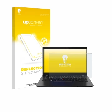 Parte frontal de un envase de producto con el logotipo de la marca upscreen. Al lado se muestra el dispositivo Lenovo ThinkPad