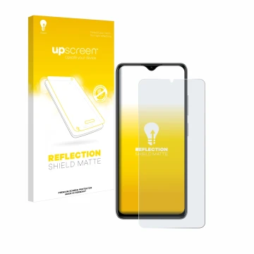 Parte frontal de un envase de producto con el logotipo de la marca upscreen. Al lado se muestra el dispositivo ZTE Blade A73 c